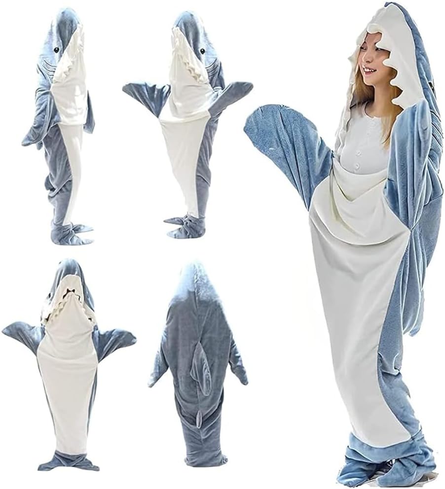 Shark Blanket Hoodie, Super Soft Cozy Flannel Wearable Shark Blanket Onesie, Shark Blanket Cosplay Costume Gifts for Adults Teens Boys Girls, Blue and White
