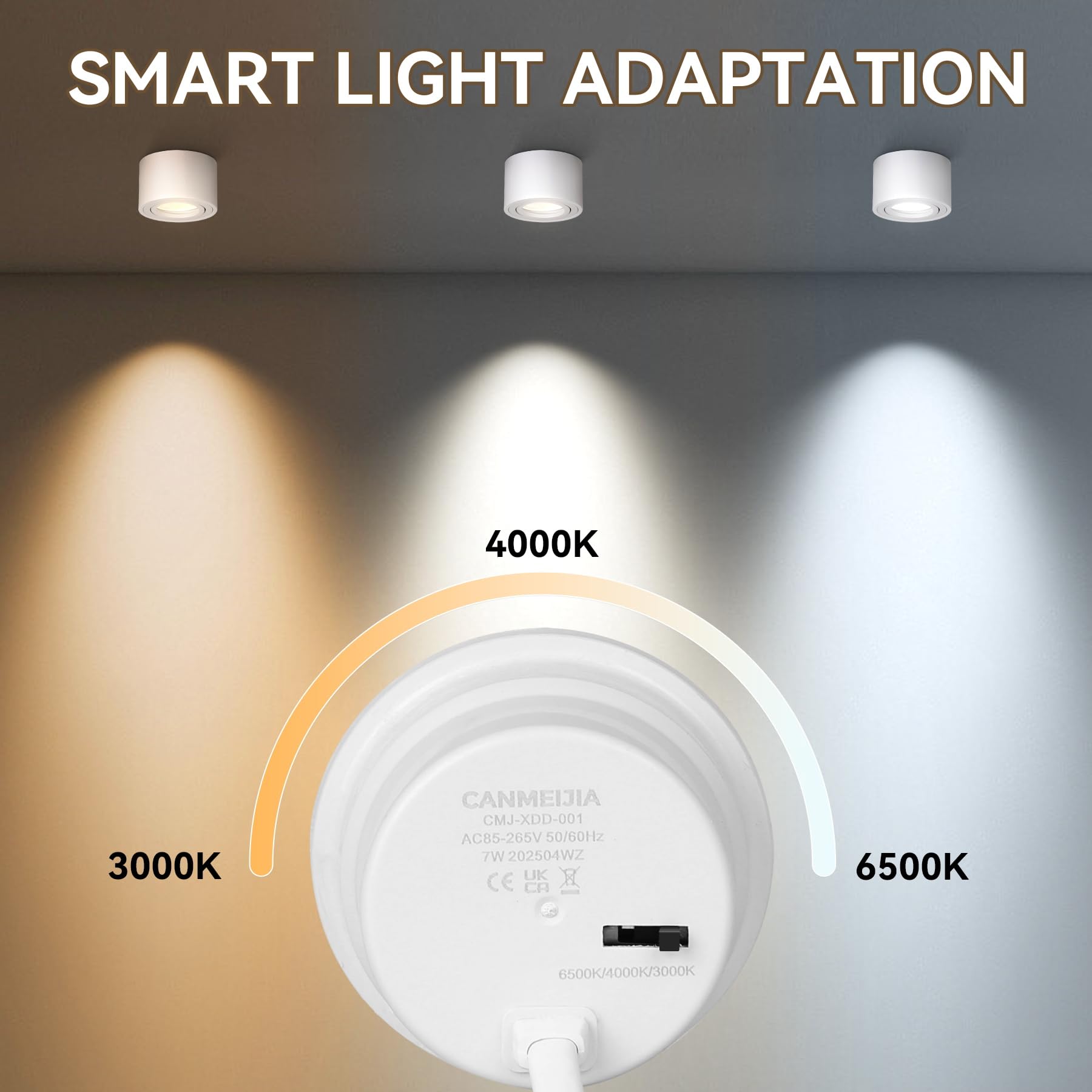 CANMEIJIA Reflektor sufitowy LED 7W ściemnialny, sufitowy, Ø80x50mm, bardzo płaski, obrotowy o 30°, montowany na powierzchni, 3000K/4000K/6500K, reflektor sufitowy aluminiowy, okrągły, biały, 4 sztuki