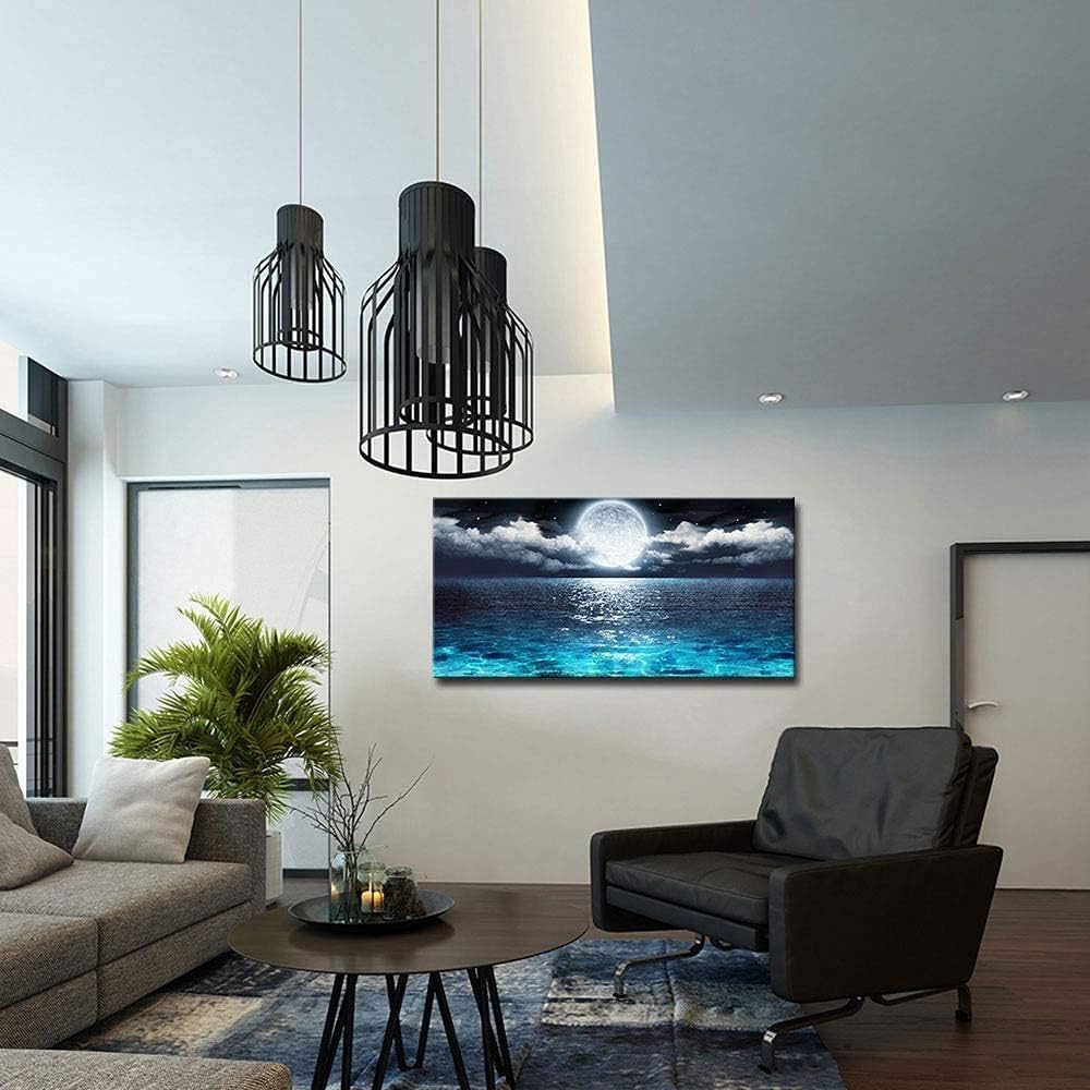 DVQ ART - Sea Canvas Wall Art Blue Clear Ocean Seascape Giclee Artwork Full Moon in Cloud Landscape Framed Picture Canvas Prints for Living Room Decor - 20"x 40"