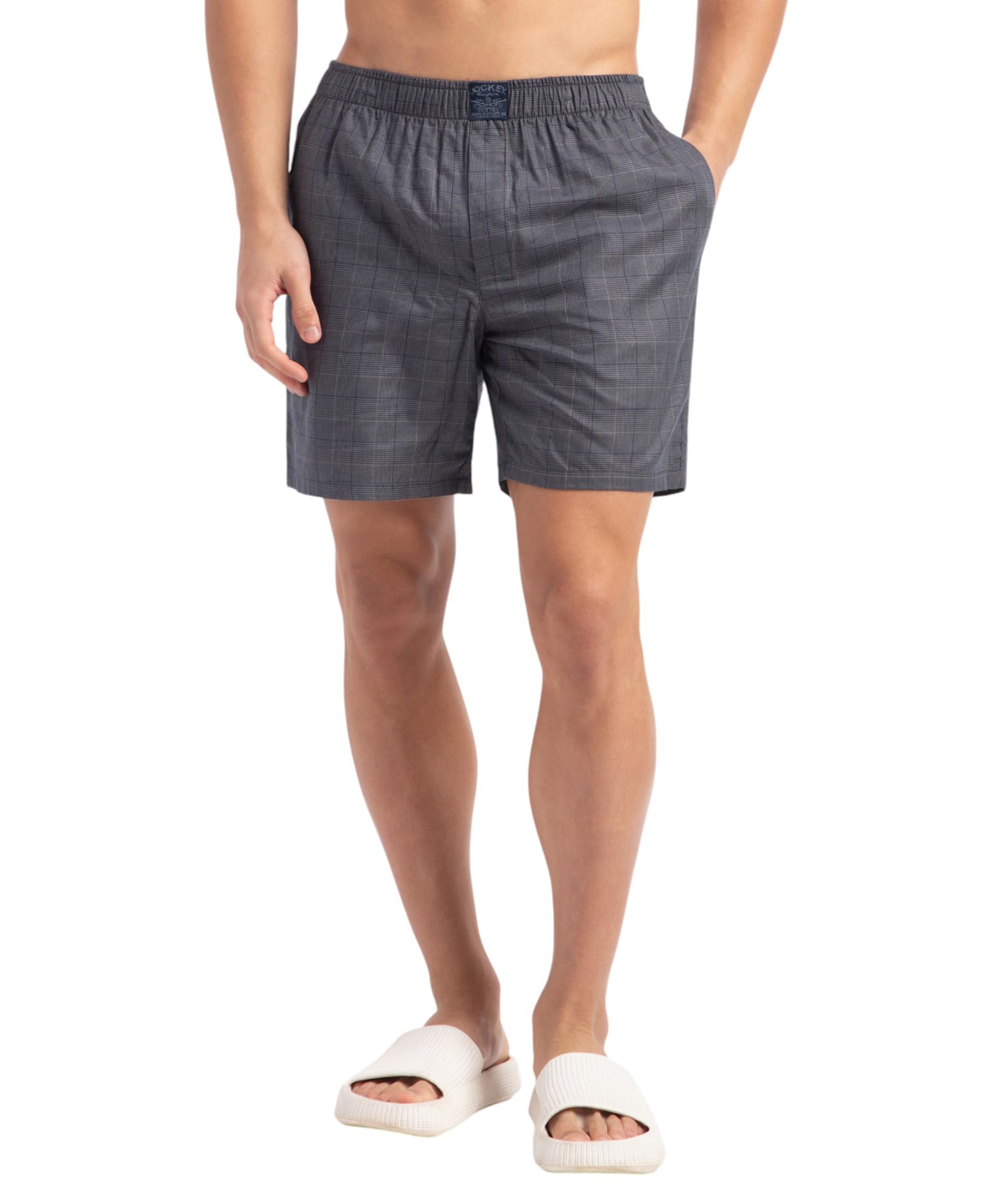 HG18 Men's Tencel Lyocell Cotton Checkered Boxer Shorts with Side Pocket