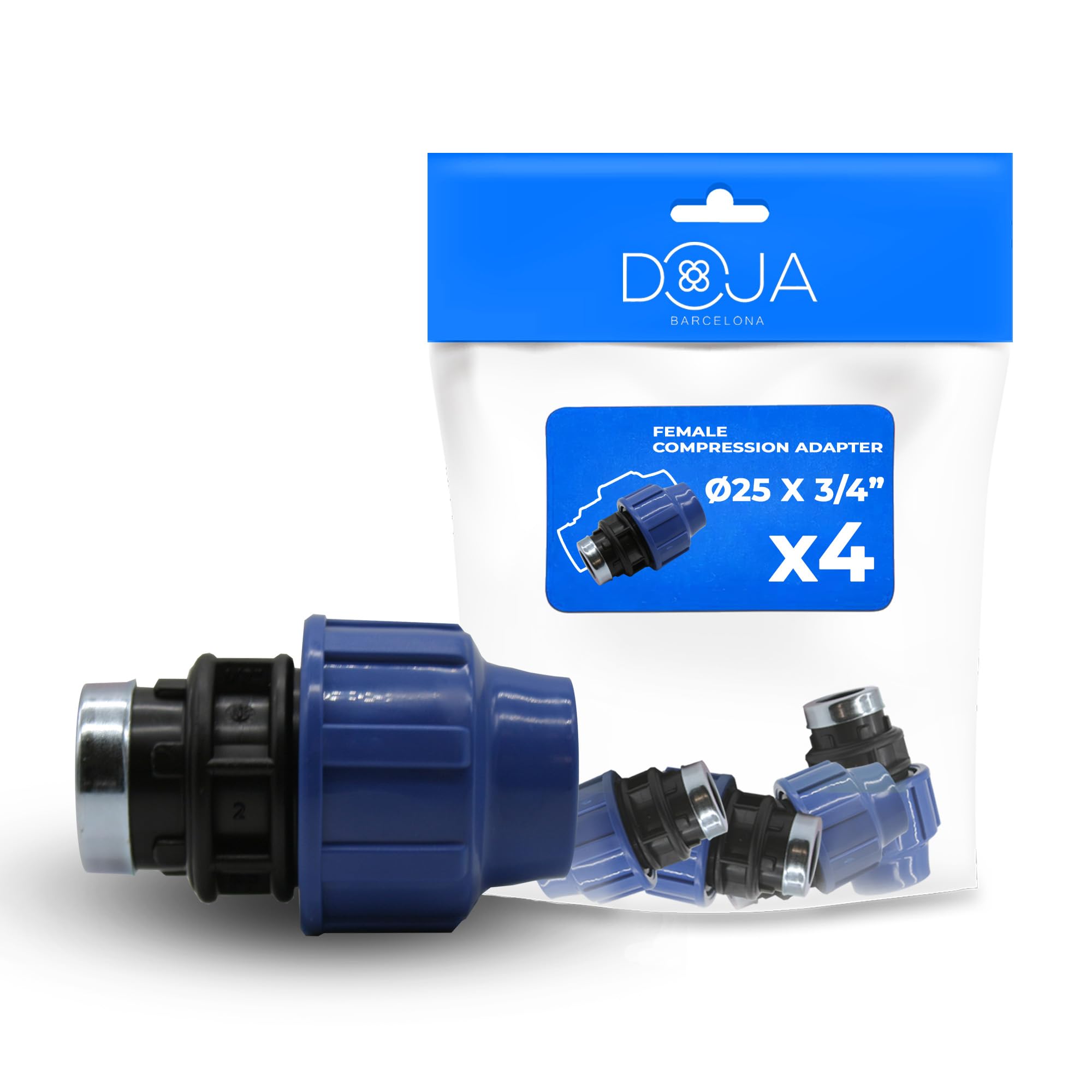 DOJA Barcelona Connettore a Compressione Femmina per Tubo Acqua - 25x3/4" - Pack 4 - Raccordo per Tubi PE, Resistente, Montaggio Semplice, Evita Perdite, Raccordo PP PN16, Impianto Idrico