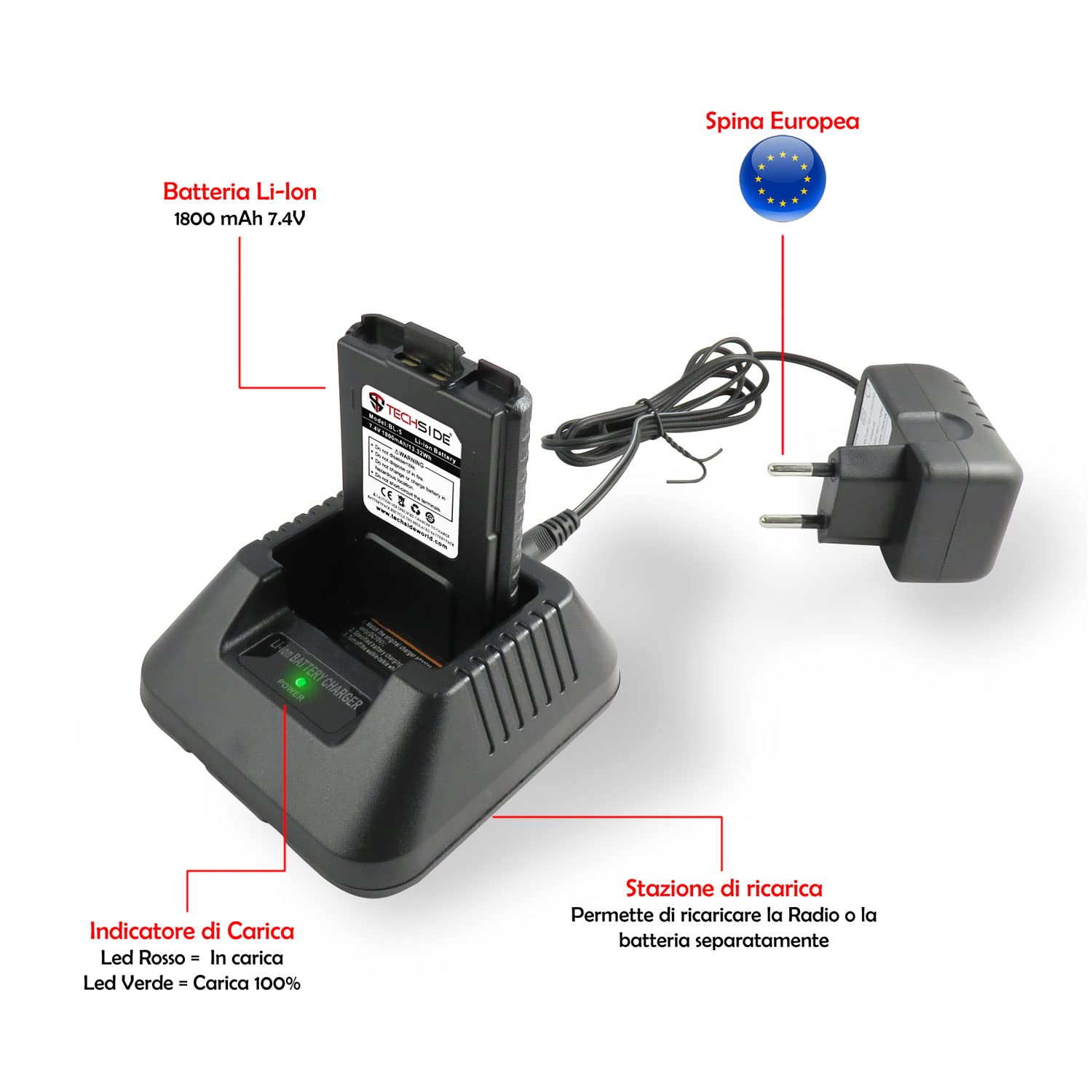 TECHSIDE MOD. POTENTE 8W | Tri-Power | Radio TS-T9+ Dual Band Vhf/Uhf | COMPATIBILE BAOFENG canali PREINSTALLATI MIDLAND G7 Pro G9 TI-F8+ PMR446 LPD SoftAir Vigilanza