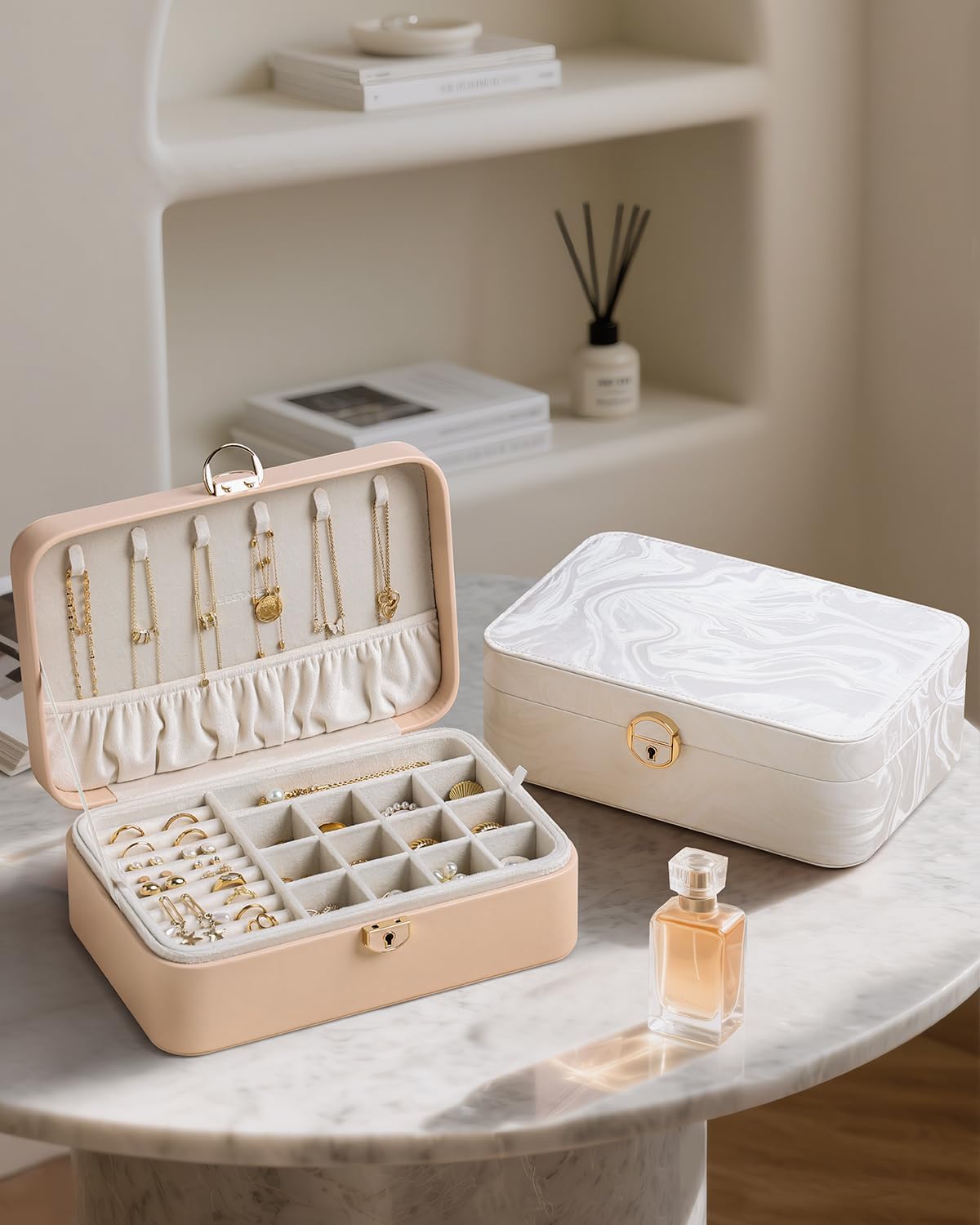 CASEGRACE 2-Layer Jewelry Box with Removable Tray, Portable Jewelry Organizer for Earrings Necklaces Rings, Gift for Women Girls on Birthday Valentine's Day (Fluorescent white)