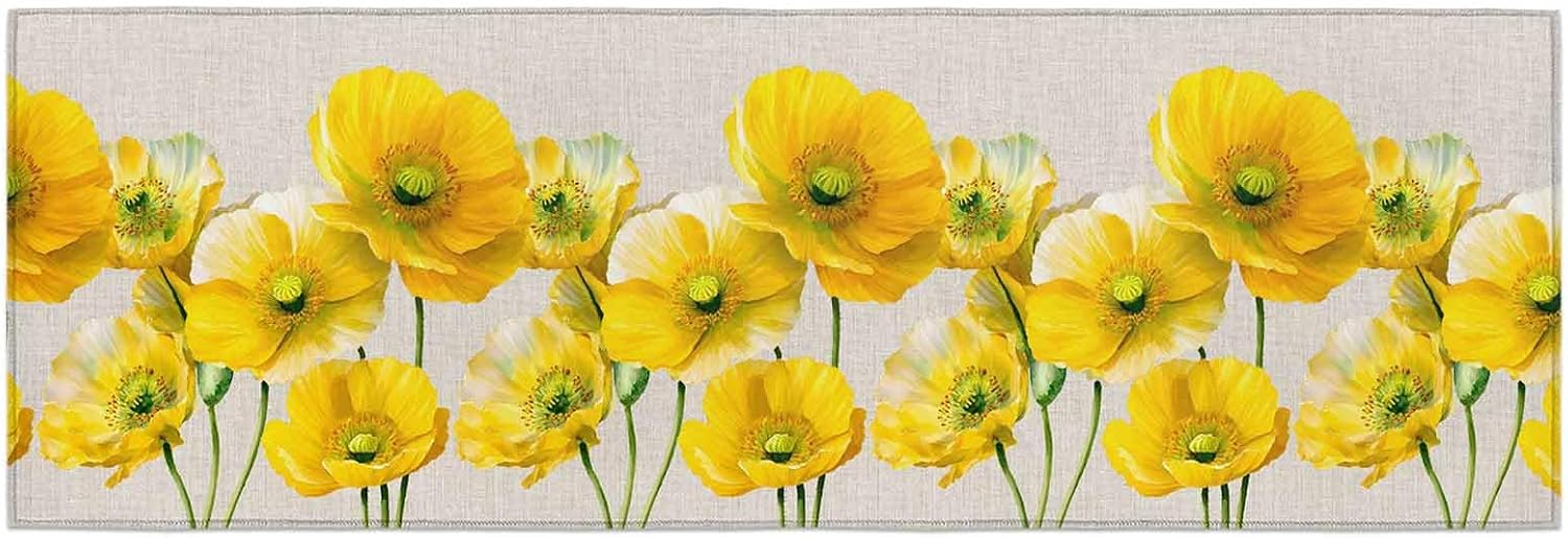 Teamery Kitchen Mats for Floor Watercolor Yellow Poppies Washable Non Slip Kitchen Rugs 1PCS, Retro Country Botanical Absorbent Standing Mats for Sink Bathroom Office Living Room 23.6x70.9in