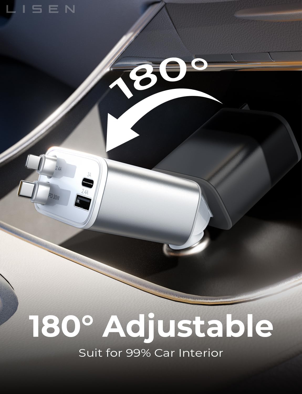 LISEN Retractable Car Charger for iPhone, for iPhone 17 Pro Max 16 15 14 13 12 Plus Mini, Cute 4 in 1 Retractable USB C Car Charger Fast Charge for Women Men, 84W Fast Charging Car Accessorie view 8