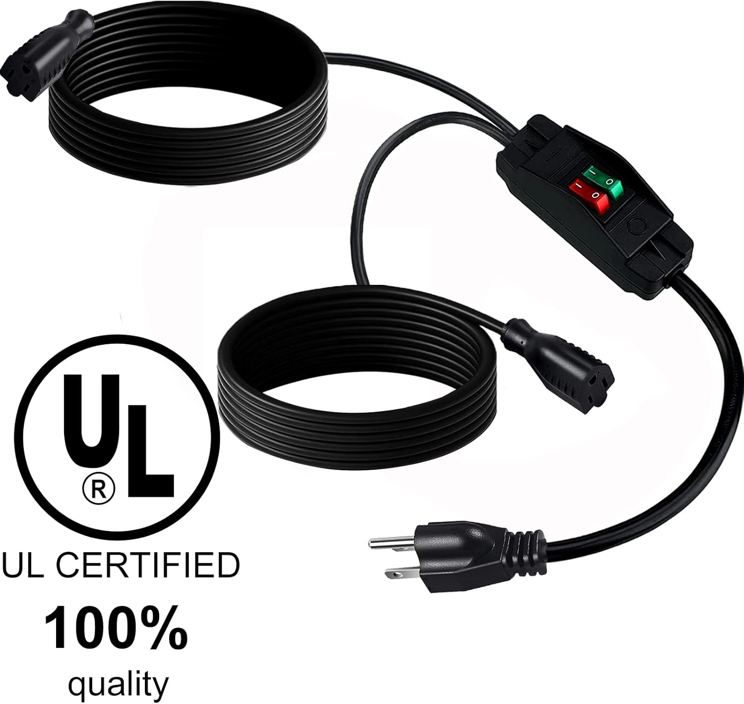 2 Way Extension Cord with On/Off Switch 3 Prong Outdoor Extension Cord Splitter, Heavy Duty SJTW 14AWG 15A/125V and 18AWG 10A/125V(10 Ft, Black)