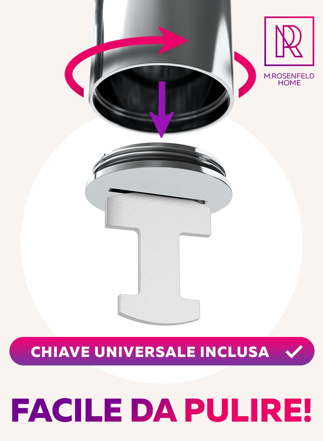 M. ROSENFELD HOME Sifone Design, Ottone Chrome Scarico Lavabo da Bagno con tubo di scarico flessibile (ChromeDesign, Acciaio inossidabile + Ottone)
