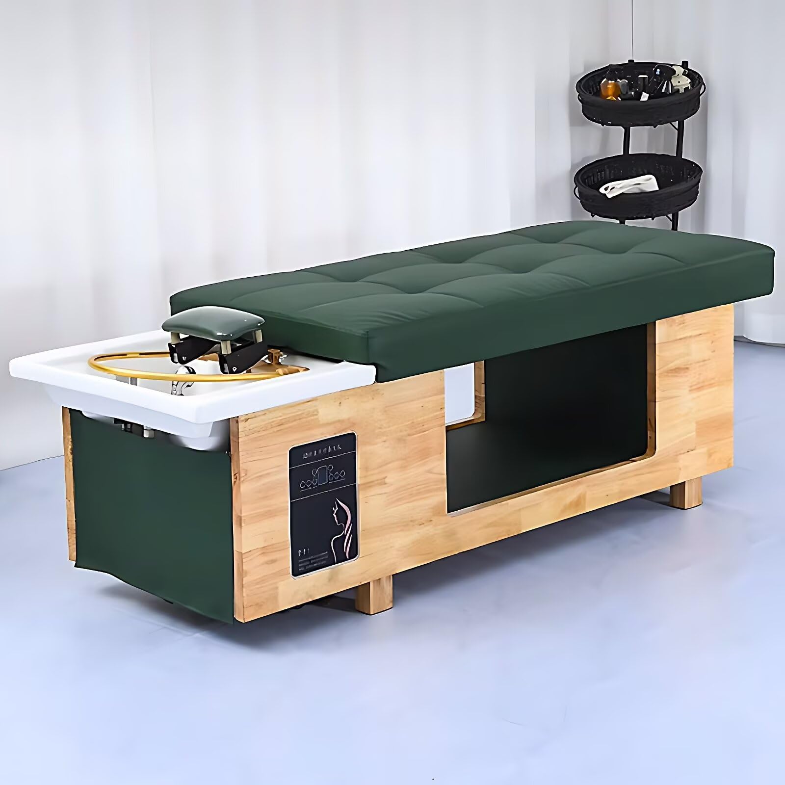 Professionelle Massage-Shampoo-Liege, Salon-Kopf-Spa-Ausstattung mit Massivholzrahmen, Gesichtsbehandlungsliege, Bequeme Kopfstütze, offener Stauraum, Wasserkreislauf und Begasung (grün)