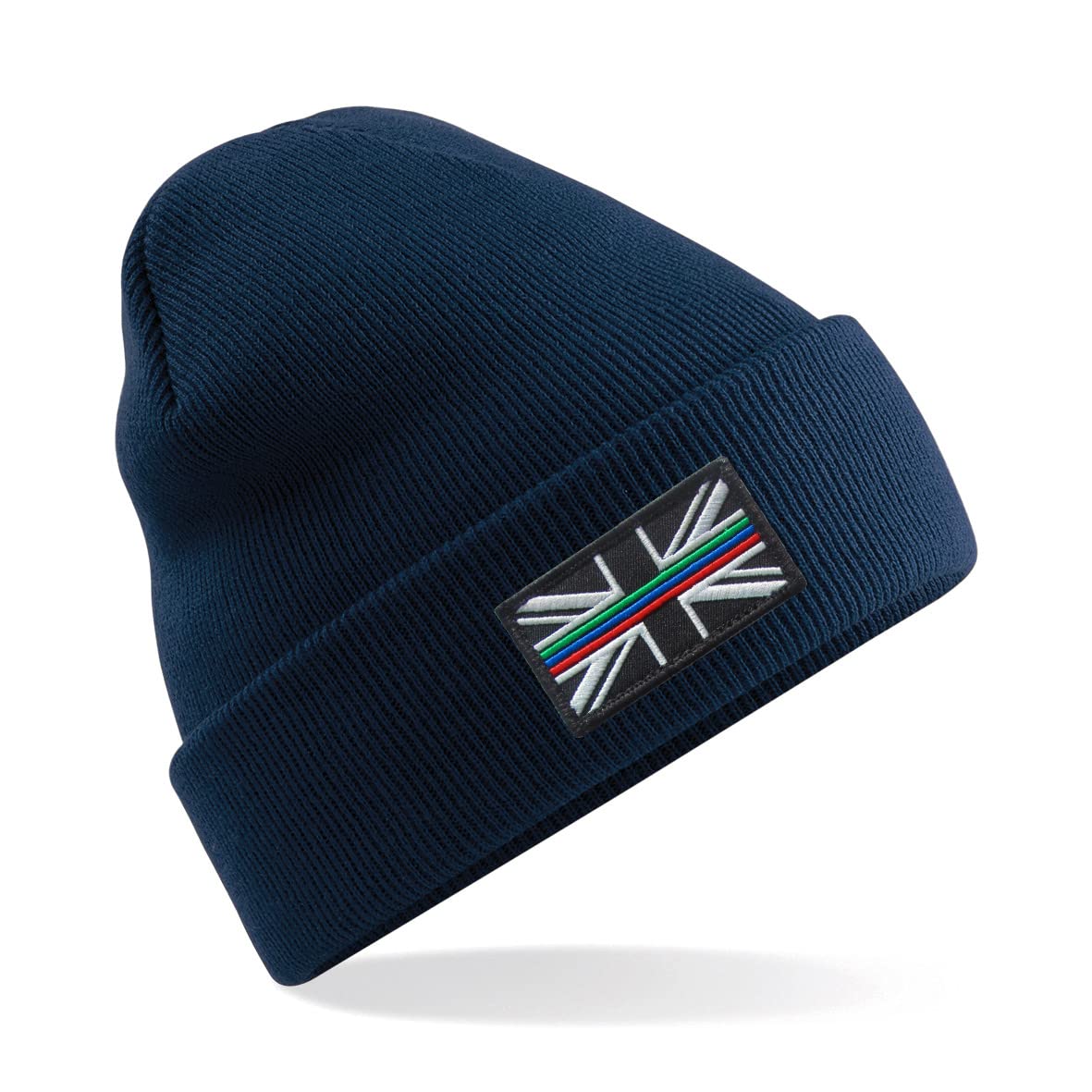 Triple Thin Line Blue Green Red Line Union Jack Emergency Services Premium Embroidered Beanie Hat, Bob Hat Police Fire Service Ambulance Emergency Services (Navy)