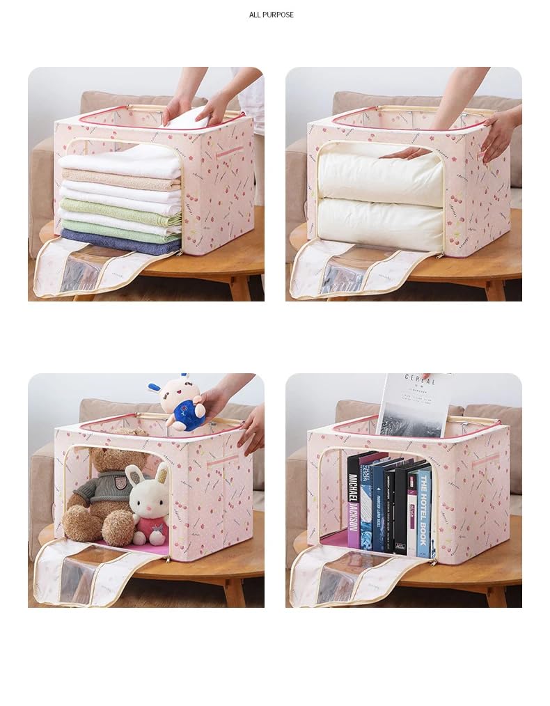 HAKKU 24 LTR Foldable Steel Frame Cloths Zip Organizer Bag and Oxford Fabric Storage Living Cover Boxes For Wardrobe Shelves Clothes, Sarees, Bed Sheet, Blanket (Peach, 24 Ltr - Pack of 2) 2