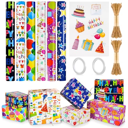 JOYSAL Geschenkpapier Geburtstag 6 Rollen 43 cm x 300 cm Geschenkpapierrollen Kinder Recycelbar Geschenk Papier Birthday Gift Wrapping Paper für alle Geburtstagsanlässe