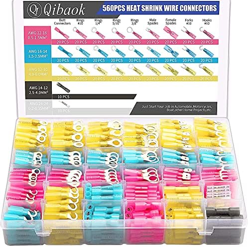 560 PCS Heat Shrink Wire Connectors Qibaok Electrical Connectors Kit Copper Waterproof Marine Automotive Crimp Connector 16-14 22-16 12-10 Gauge Insulated Ring Fork Hook Spade Butt Splices
