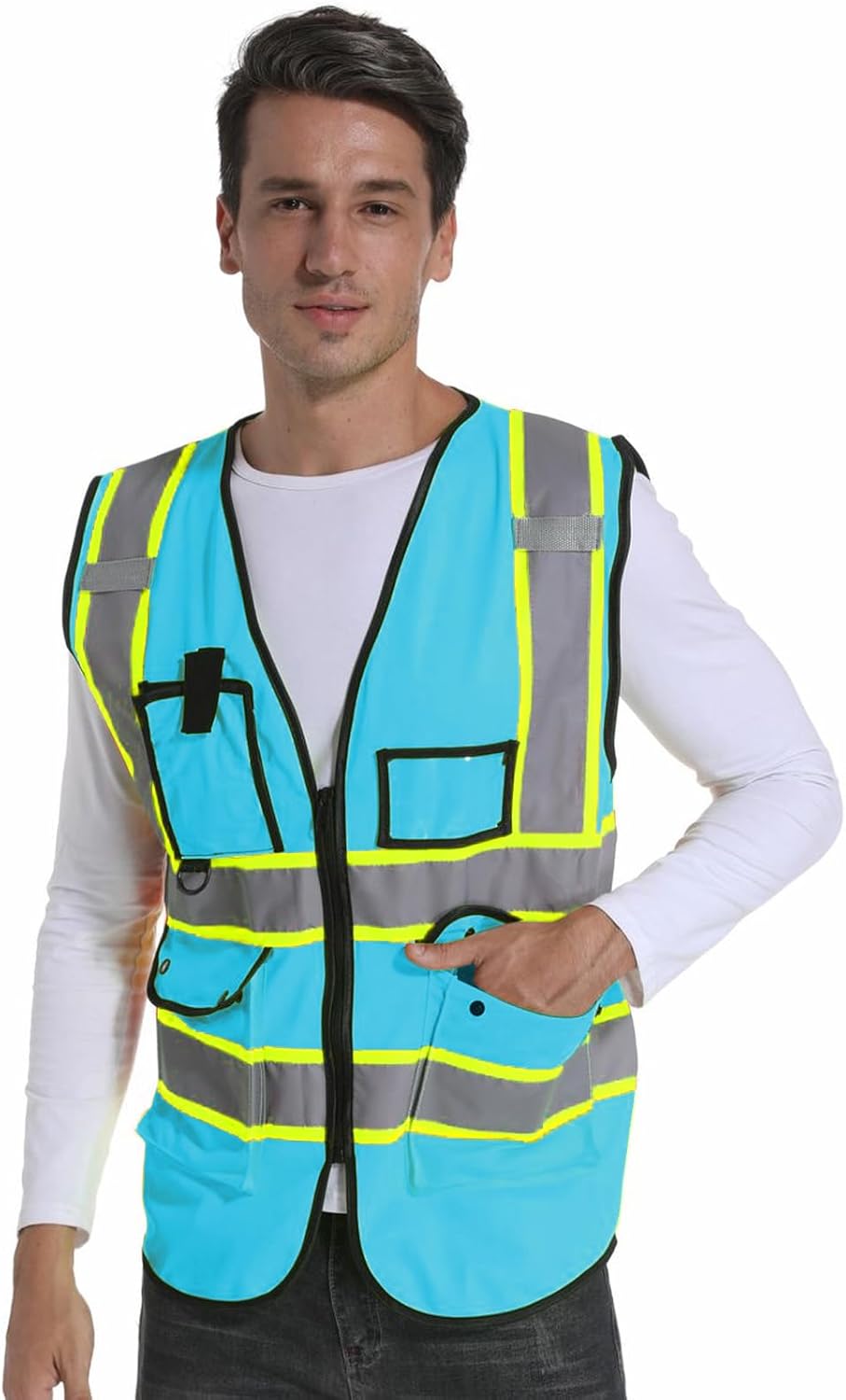 Reflective Vest Safety Vest Class 2 ANSI Standard with Pockets Zipper High Visibility Construction Uniform