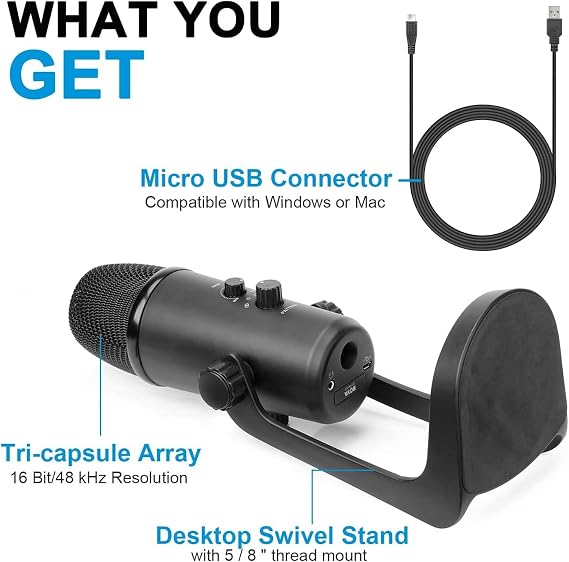 BOYA BY-PM700 ميكروفون USB متعدد الأنماط لأجهزة الكمبيوتر التي تعمل بنظام Windows و Mac مع إخراج سماعة الرأس ، أسود