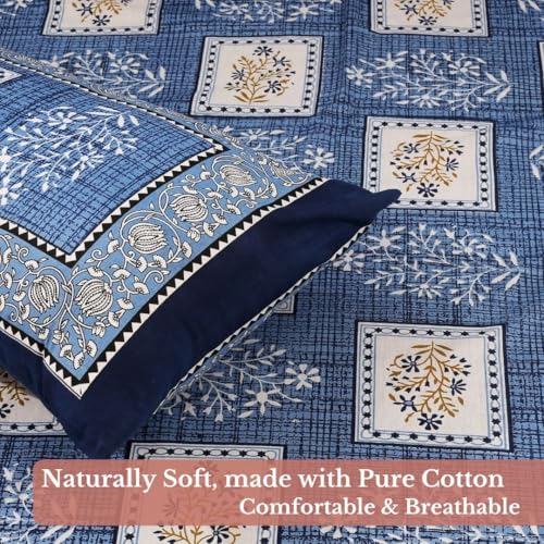 Image of Jaipur Weaves Jaipuri Double Bed Cotton Bedsheet Queen Size 90x85, 120 TC 100% Pure Cotton Bed Sheet with 2 Pillow Covers, Floral Traditional Print (Blue Blocks, Double)
