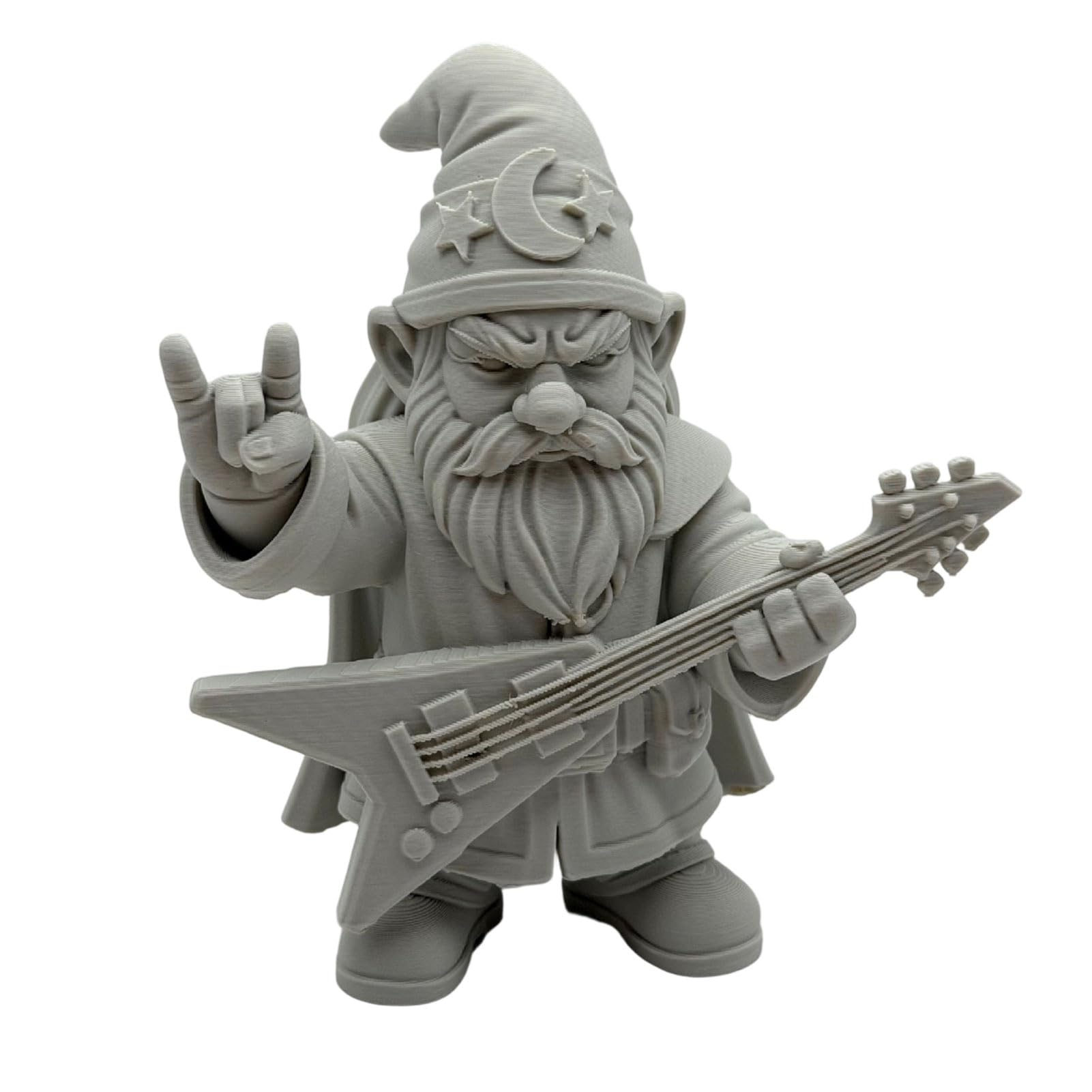Pasisuu Funny Rocker Gnome Figurine - 3D Printed Rock Dwarf Ornament with Electric Guitar, Star Moon Hat Figure, Durable PLA Material, 5 Inch Grey Music Lover Gift for Bookshelf and Desk Decor A