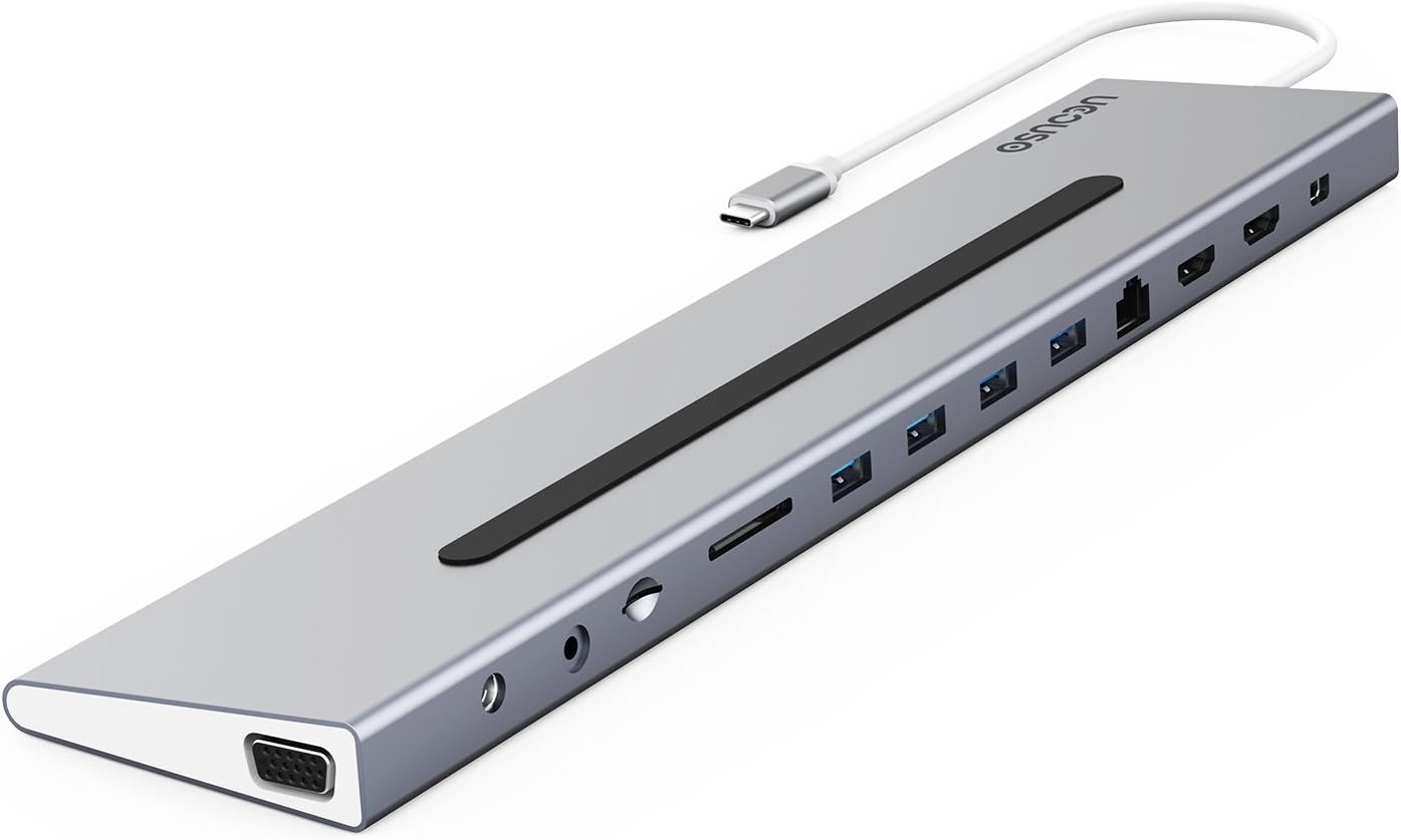 USB C Dock, UCOUSO 14-in-1 USB C Docking Station with Type C Port,2 HDMI Ports,VGA Port,RJ45 Port,4 USB 3.0 Ports,AUDIO Port,DC Port,MINI DP Port and SD/TF Slot for MacBook/Pro, DELL (Gray)