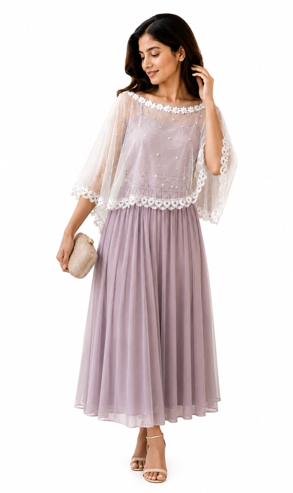 White Pearl Embellished Net Cape Poncho with Floral Lace Trim-image-46