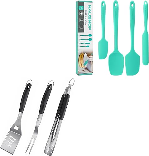 HAUSHOF Juego de 4 espátulas de acero inoxidable de alta calidad, tenedores, pinzas y espátulas de silicona de grado alimenticio para cocinar,