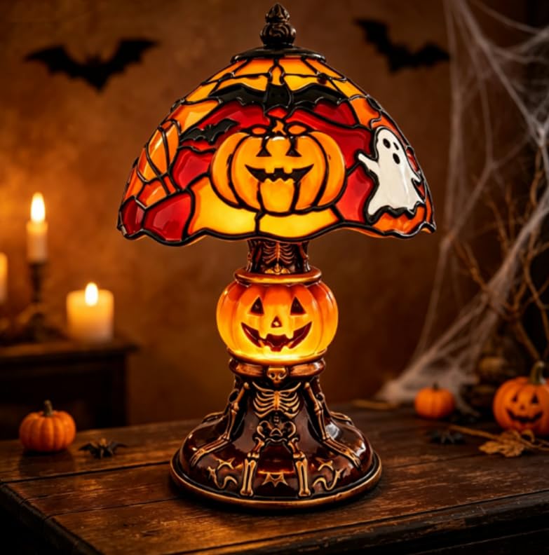 Halloween Decorative Table Lamp, Stained Glass Style Ambient Light, Spooky Elegant Ornament Light for Entryway, Hallway & Corridor Home Decor