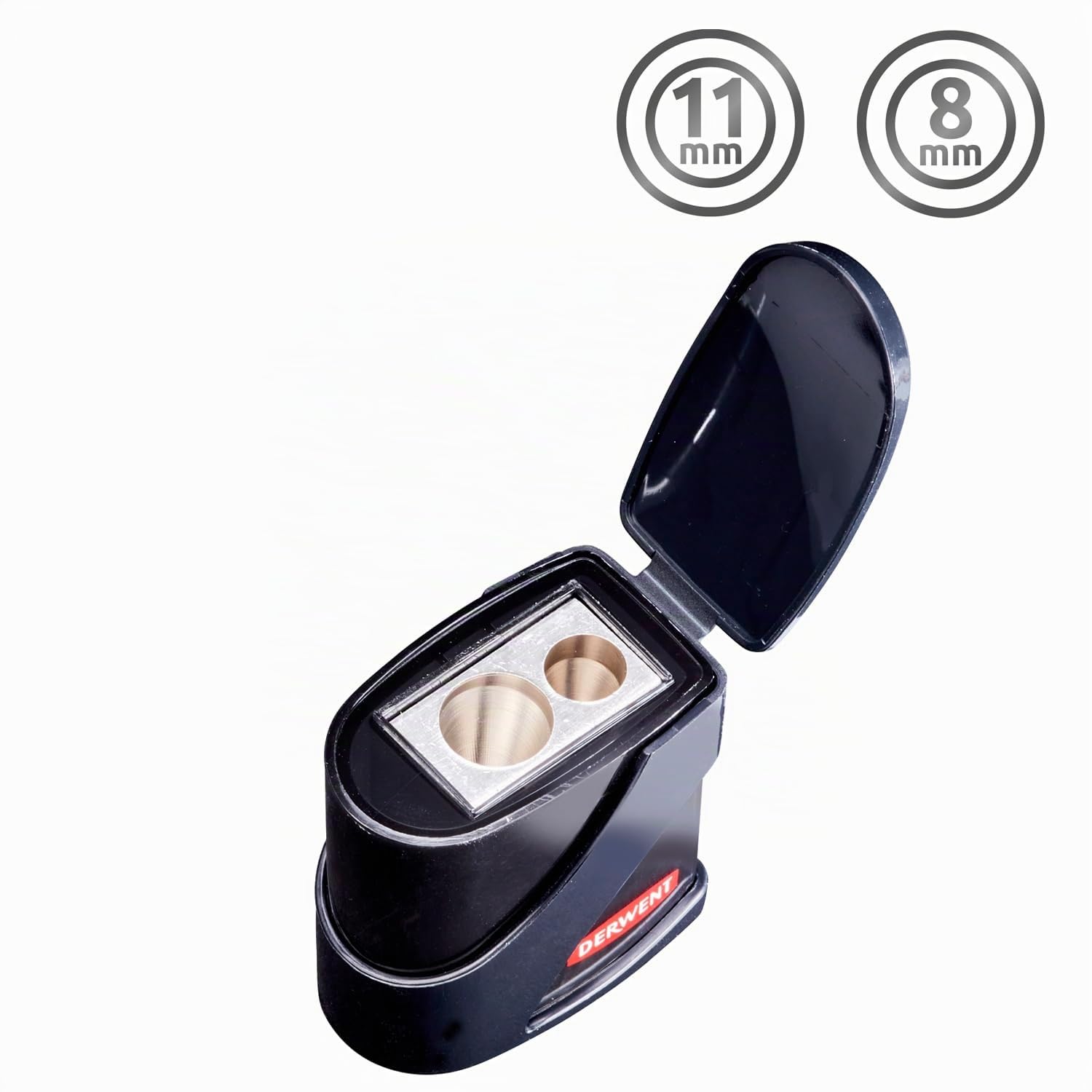 Derwent 2306123 - Sacapuntas Doble con Depósito, Sacapuntas de Dos Orificios para Lápices de Color y Dibujo Técnico, 11.5mm y 8.25mm, Resistente Sacapuntas Metálico, Negro
