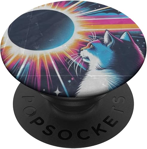 Cat Solar Eclipse - Synthwave Retro Poster Style PopSockets Standard PopGrip