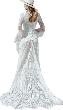 V Neck Lace Wedding Dress Bell Sleeves Tasseled Boho Bridal Gown