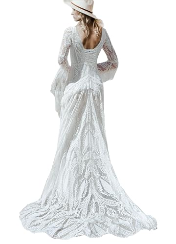 Women Beach Lace Wedding Dress V Neck Long Bell Sleeves