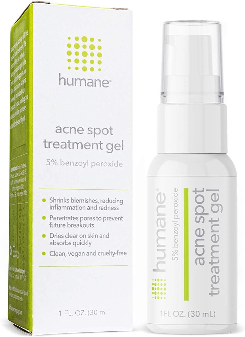 Humane Acne Spot Treatment Gel - 5% Benzoyl Peroxide Helps Unclog Pores and Provides Blemish Relief - Soothing Aloe Vera Gel and Licorice Root Extract - Vegan and Cruelty-Free - 1 Fl OZ