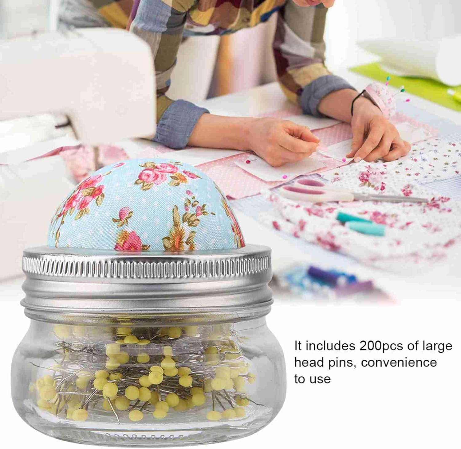 HilBeliFU 200Pcs Sewing Pin Cushion Lid, Round Pearl Sewing Pins and Cushion Lid Kit with Glass Bottle, Pin Cushion Sewing Kit for Weddings, Bridal Corsage, DIY Handicrafts
