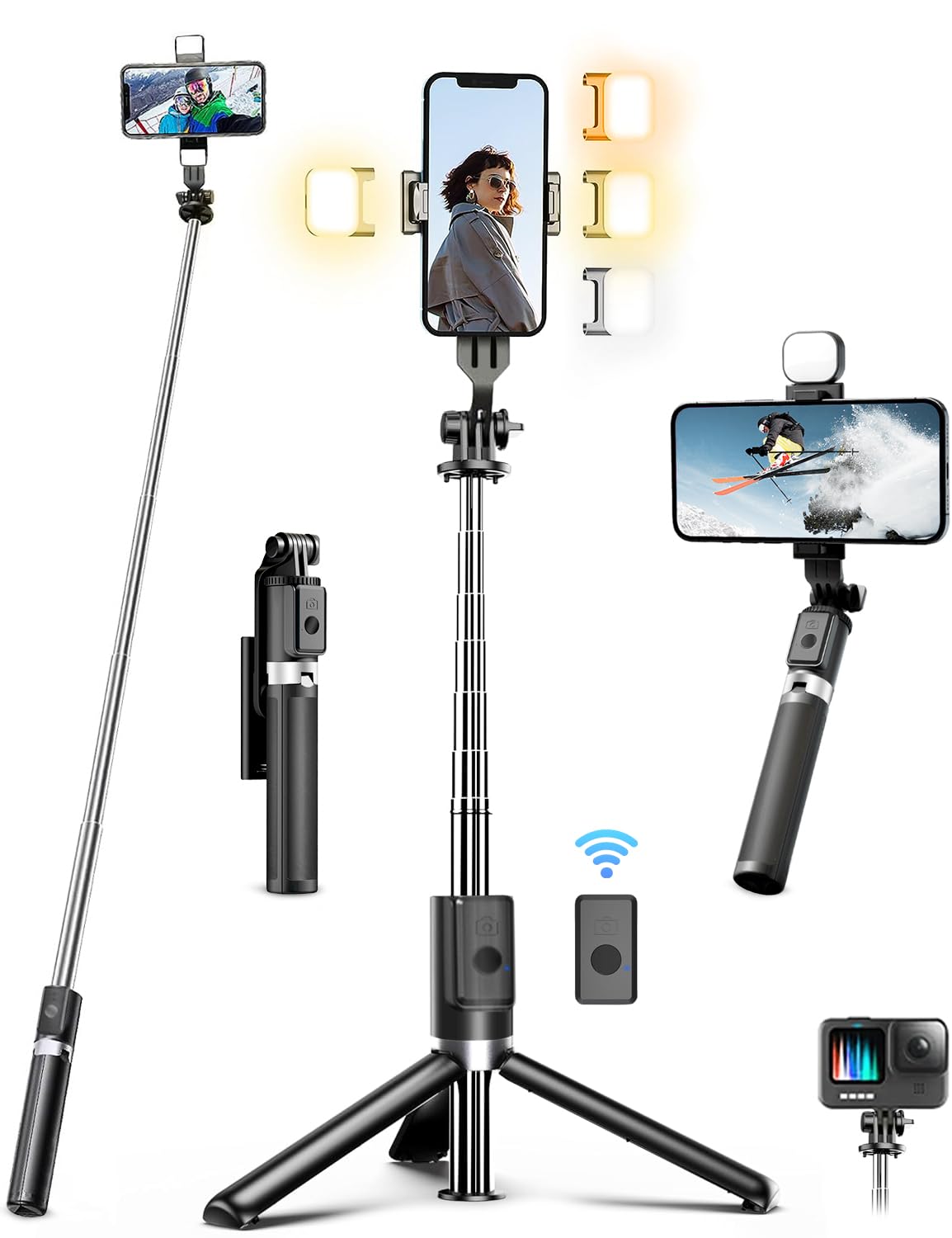 VIC Selfie Stick with two Light, 45'' Selfie Stick Tripod with Wireless Remote, Portable Tiktok Phone Tripod Compatible iPhone 15 Pro Max/15/14 Pro/14/13, S22/ S23 Ultra/Android Smartphone