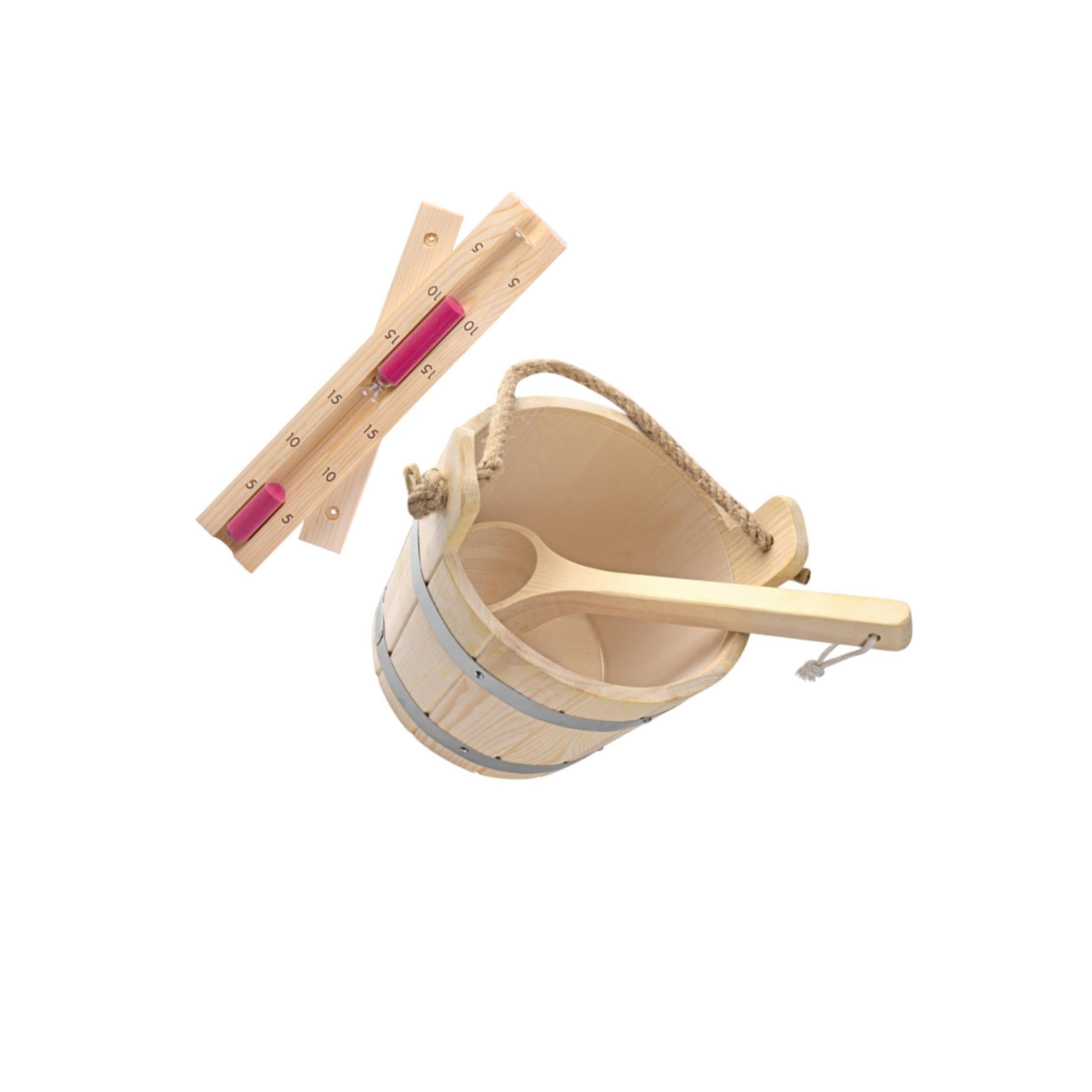 Cubo y cucharón de Para madera para sauna de 5 litros capacidad, resistente y con temporizador reloj arena. Ideal para saunas vapor. Kit accesorios portátil y resistente.