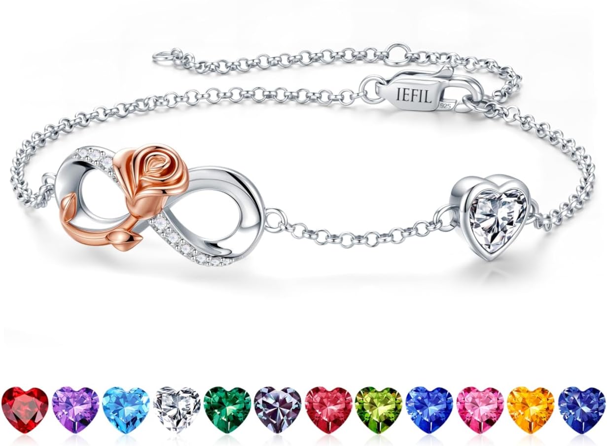 Iefil 925 Sterling Silver Charm Link Birthstone Bracelet, Anniversary Birthday Gifts for Women, Mothers Day Valentines Christmas Gifts for Wife Girlfriend Daughter