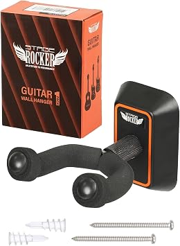 Stage Rocker Guitar Wall Hanger - Wall Mount Holder for Acoustic, Electric Guitar, Bass, Banjo, Mandolin with Black Mounting Plate Orange Frame