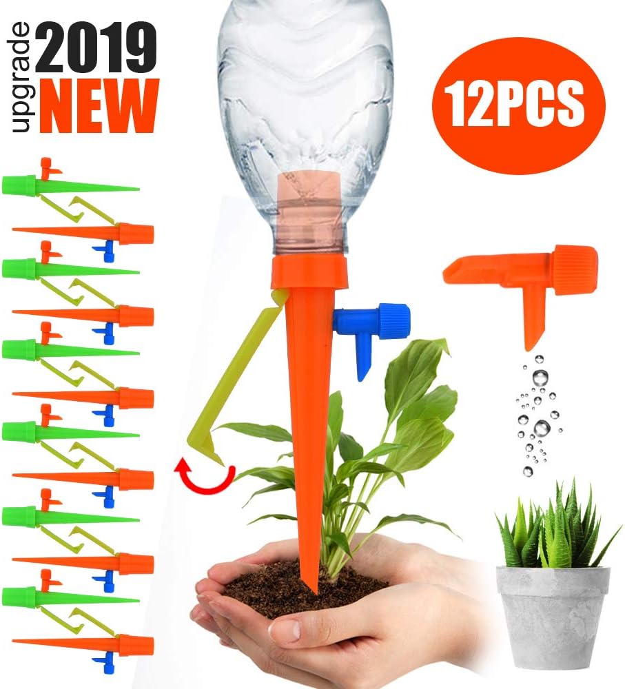 【2019 NEW 】Plant Self Watering Spikes System with Slow Release Control Valve Switch Self Irrigation Watering Drip Devices, Plant Waterer with Anti-Tilt Anti-Down Bracket, Suitable for All Bottles
