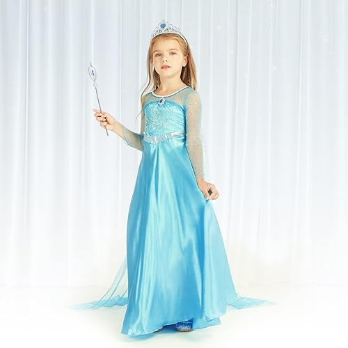 Miniatura 5 de Foierp Disfraz de Elsa para niñas, disfraz de princesa de Frozen Elsa, ropa de cosplay, fiesta de disfraces, Halloween, cumpleaños con accesorios