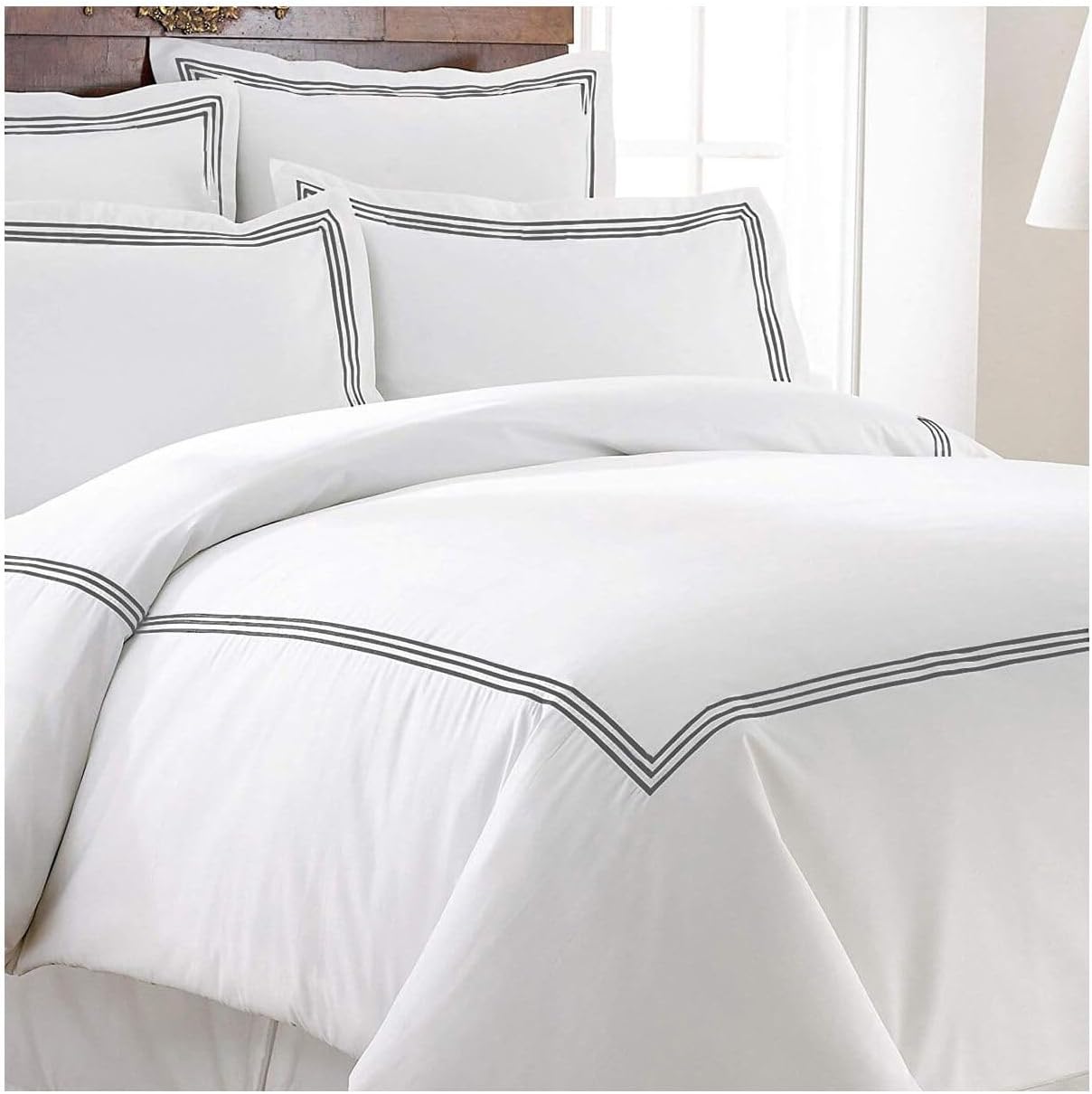 1 Duvet Cover & 2 Pillow Shams Egyptian Quality Cotton Luxurious Quilt Cover Set Solid100% Cotton Sateen White Solid Pattern(TwinTwin XL, Elephant Grey Marrow Hem Border)
