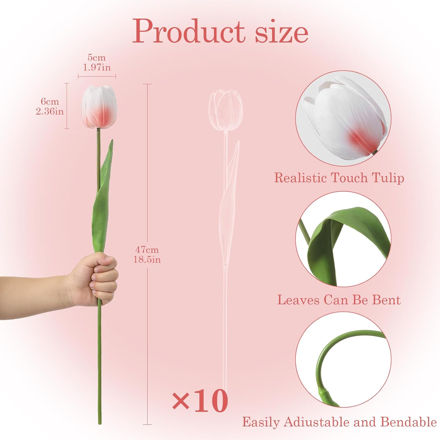 Blush Pink Fake Tulips,18.5" PU Artificial Tulips Flowers for Spring Easter Home Kitchen Wedding Bouquet Bulk Mother's Gift Day Decorations - Image 2