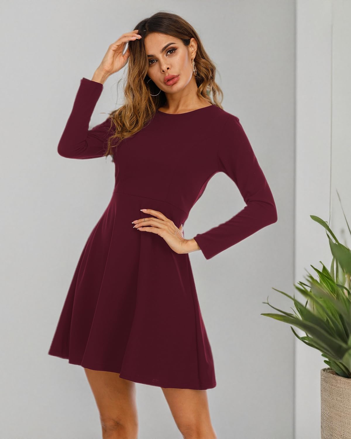 Jusfitsu Womens Long Sleeve Dress Casual Simple Dresses A-Line Knee Length Skirt Slim Fit Skater Dress - Image 6