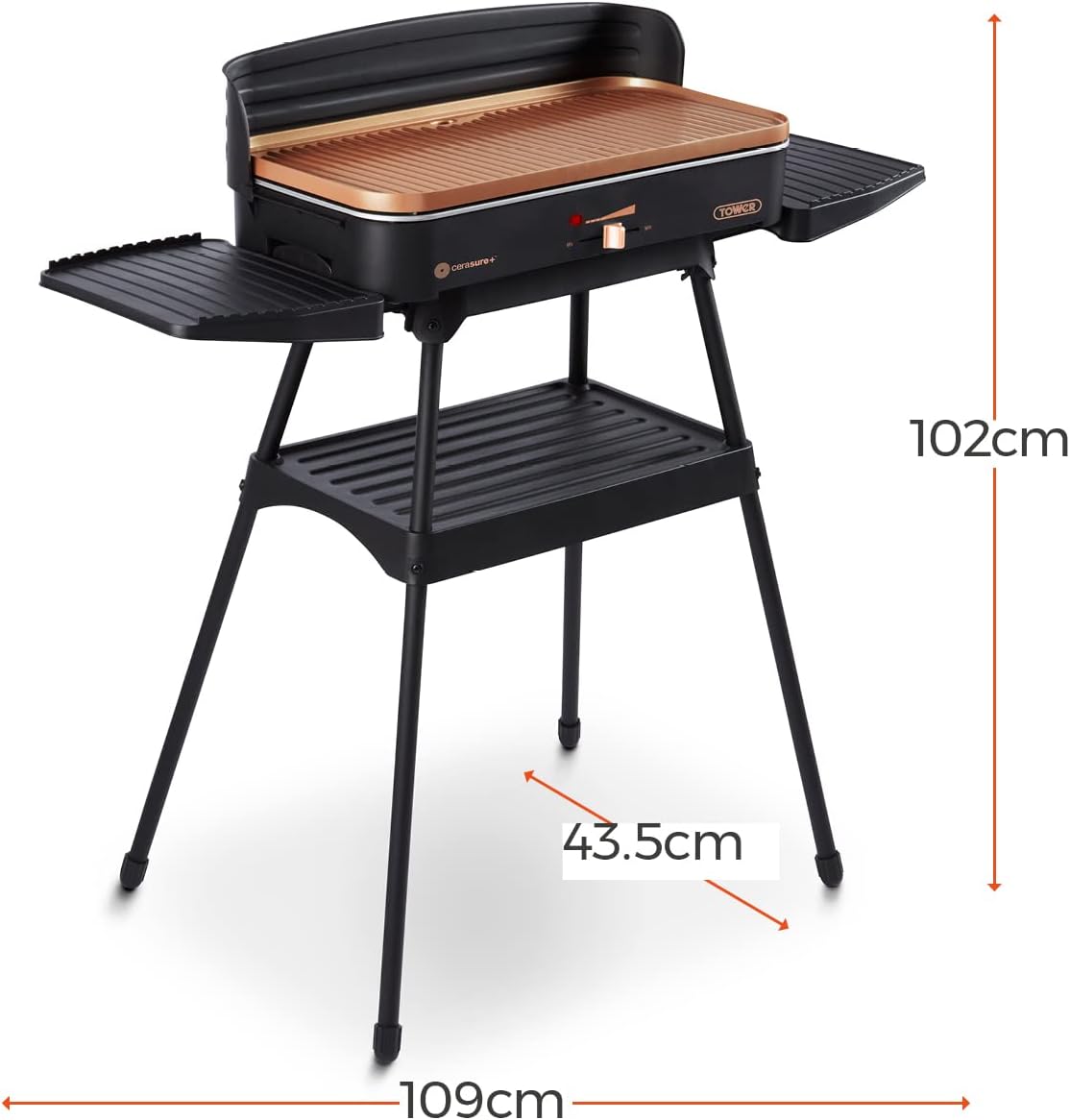 Diagram showing the dimensions of the assembled Tower Electric BBQ Grill: 102cm height, 43.5cm depth, 109cm width.