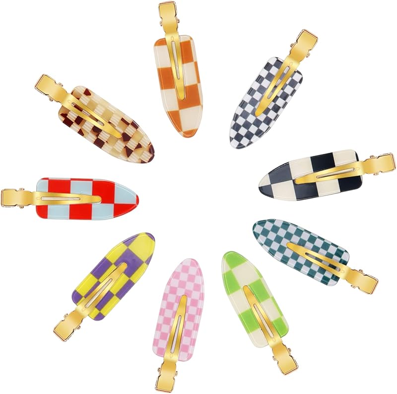 9PCS No Bend Checkerboard Creaseless Hair Clips for Makeup Women | No Crease Curl Pins, Acrylic Resin Cute Flat Clip, Colorful Bang Seamless Duckbill Hair Barrette for Hairstyle Accessories
