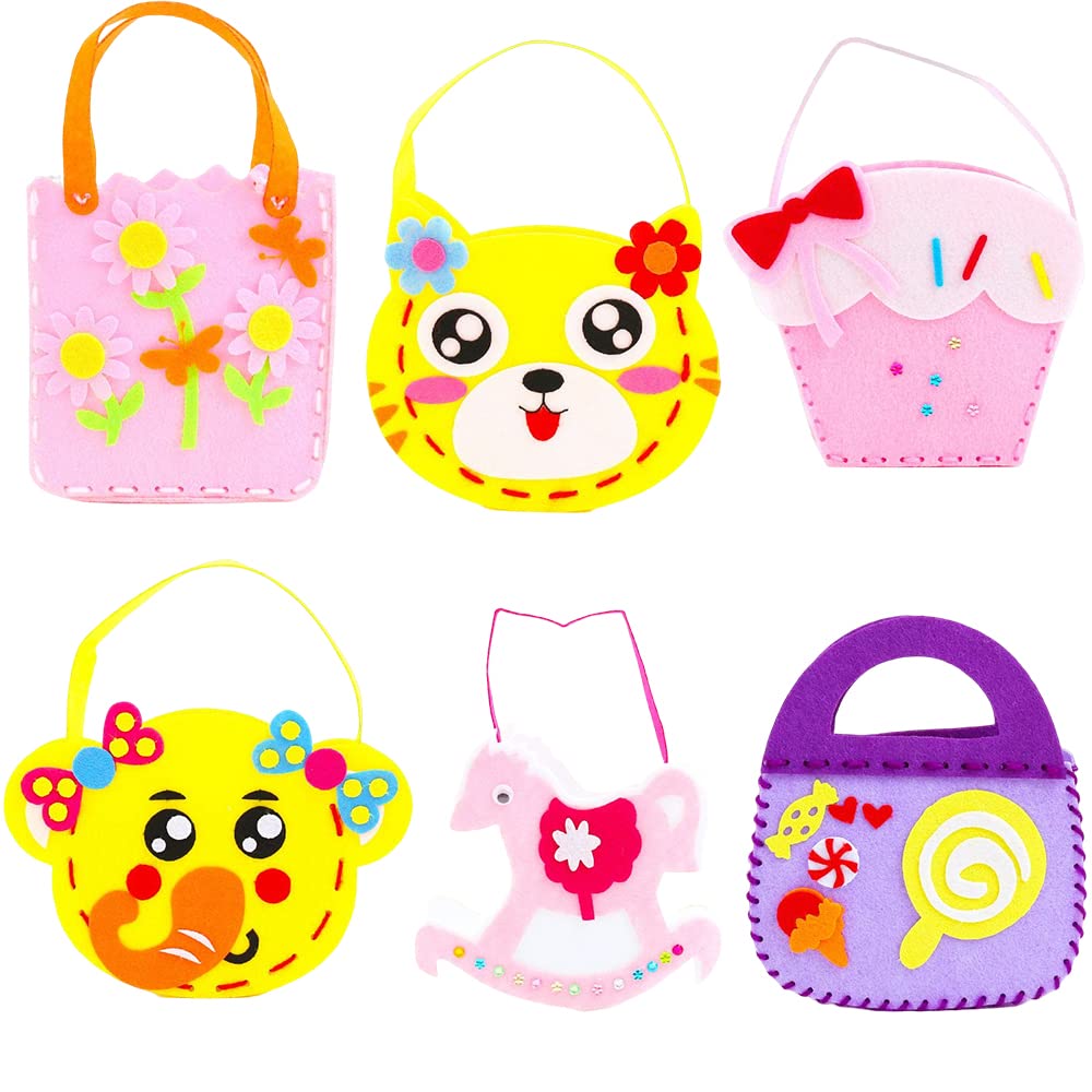 Creative Sewing Kit for Kids DIY Art Craft Hand Stitch Play Set with Safety Needle Thread Harmless Felt for Beginner Children Girls Boy 4 Patterns Crossbody Bag, Shoulder Bag (Pink/Yellow/Purple)