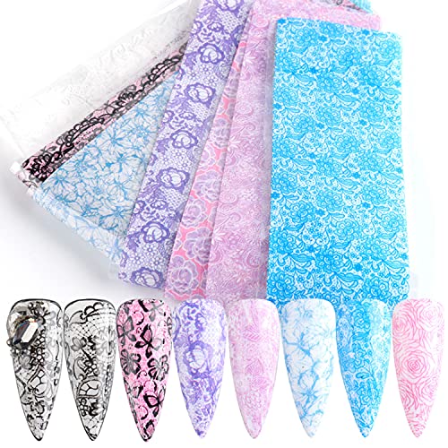 Lace Flowers Nail Foil Transfer Stickers Decals Nail Art Foils Lace with Flowers Holographic Nail Art Film Design for Women Girls Manicure Tips Charms Decorations Acrylic Nails Supplies (10 Sheets)