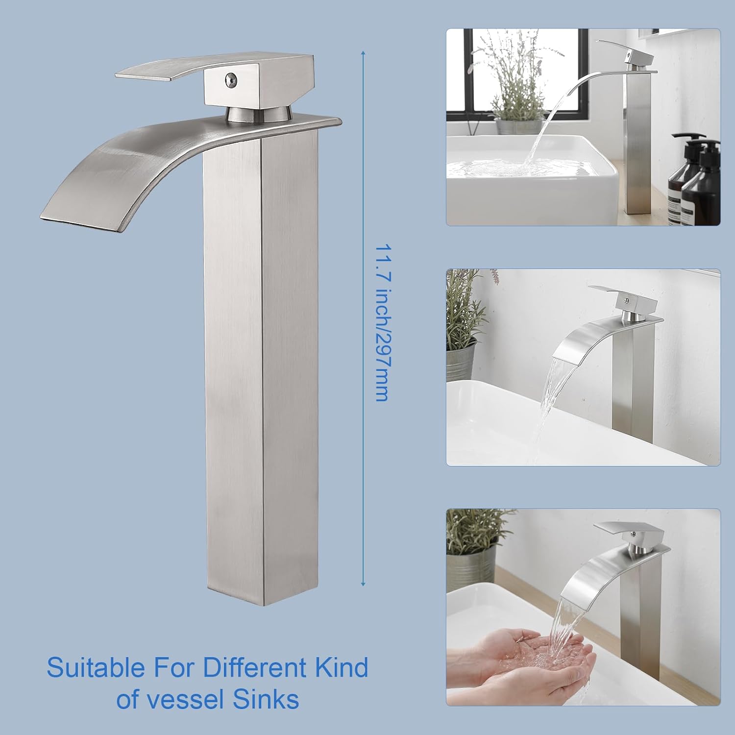 RUMOSE Tall Brushed Nickel Bathroom Faucet with Pop Up Drain Modern Single Handle One Hole Bathroom Vessel Sink Faucet Waterfall Spout Rv Lavatory Vanity Faucet Deck Mount Mixer Tap, Stainless Steel - Image 3