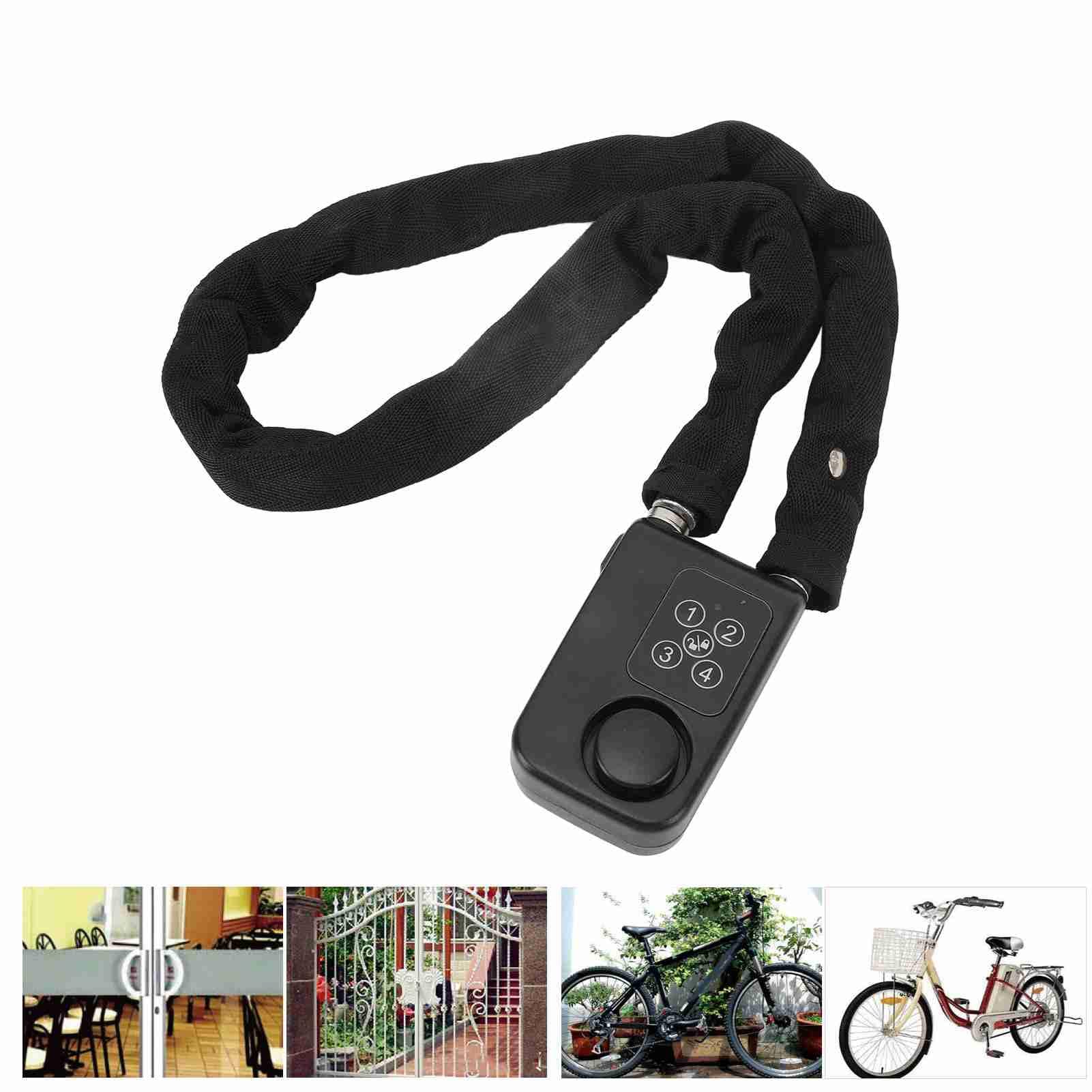 Ausla Serrure de Chaîne de Vélo sans clé, Serrure Antivol en Acier Inoxydable avec Alarme 110dB, Alerte de Vibration, pour Vélos Motos (BLACK)