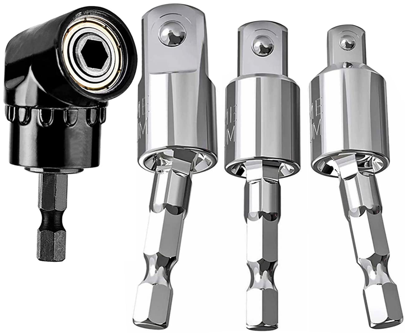 4-Piece Power Drill Sockets Adapter Sets, 360°Rotatable Hex Shank Impact Driver Socket Adapter (1/4" 3/8" 1/2") + 105 Degree Right Angle Driver