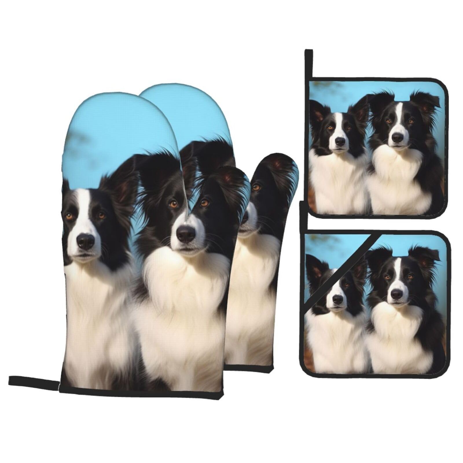 4 Piece Oven Mitts and Pot Holders Set Heat Resistant Oven Gloves and Potholders BBQ Gloves Hot Pads Border Collie Cooking Gloves for Kitchen Baking Grilling