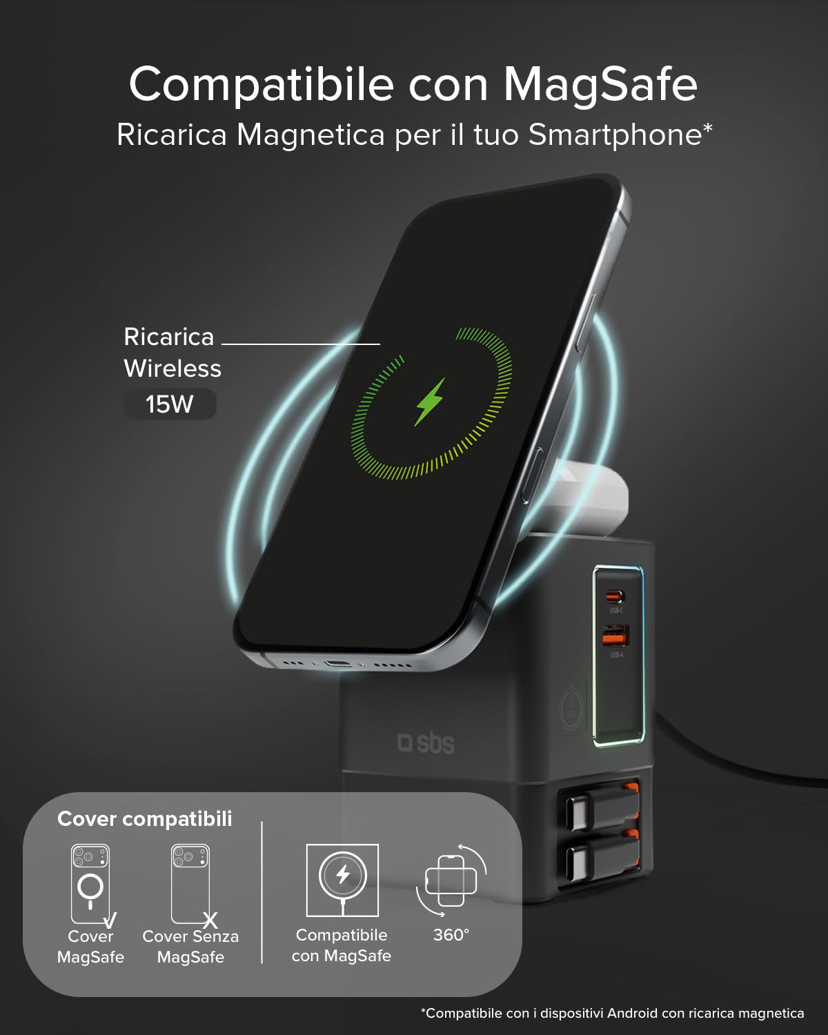 SBS Power Dock 6in1 100W USB-C, Ricarica Wireless 15W, Compatibile MagSafe | Power Delivery (PD 3.0 PPS), Charging Station con 2 Cavi Retrattili, Alimentatore per Notebook, iPhone, AirPods, Nero