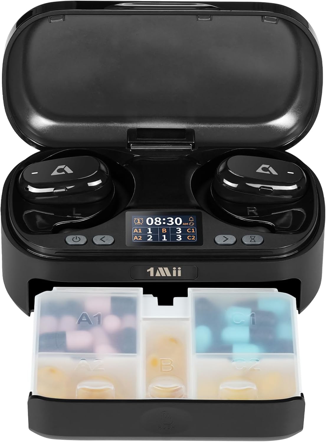 1Mii Smart Pill Dispenser, Medicine Organizer with 5 Automatic Alarms Daily, Sound/Vibrate/App Reminder, Portable Travel Pill Box for Vitamins and Supplements with Bluetooth 6.0 Open-Ear Headphones