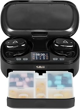 1Mii Smart Pill Dispenser with Alarm, Electronic Pill Organizer with 5 Daily Reminders, App & Vibration Alerts, Travel Pill Box for Vitamins & Medication + Open-Ear Bluetooth Headphones